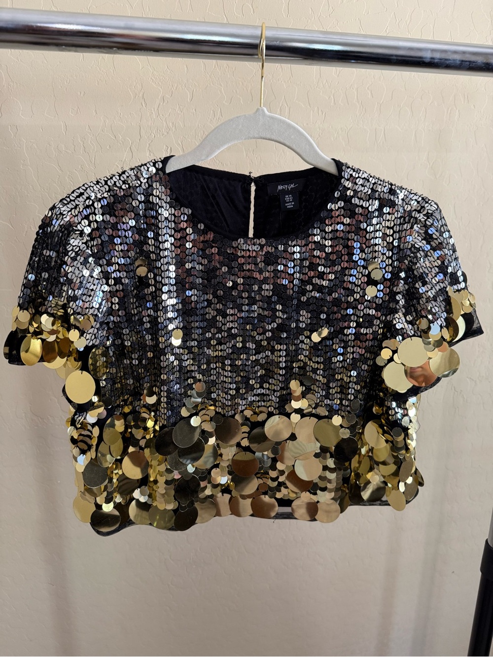 Nasty Gal Black and Gold Sequin Disc Crop Top